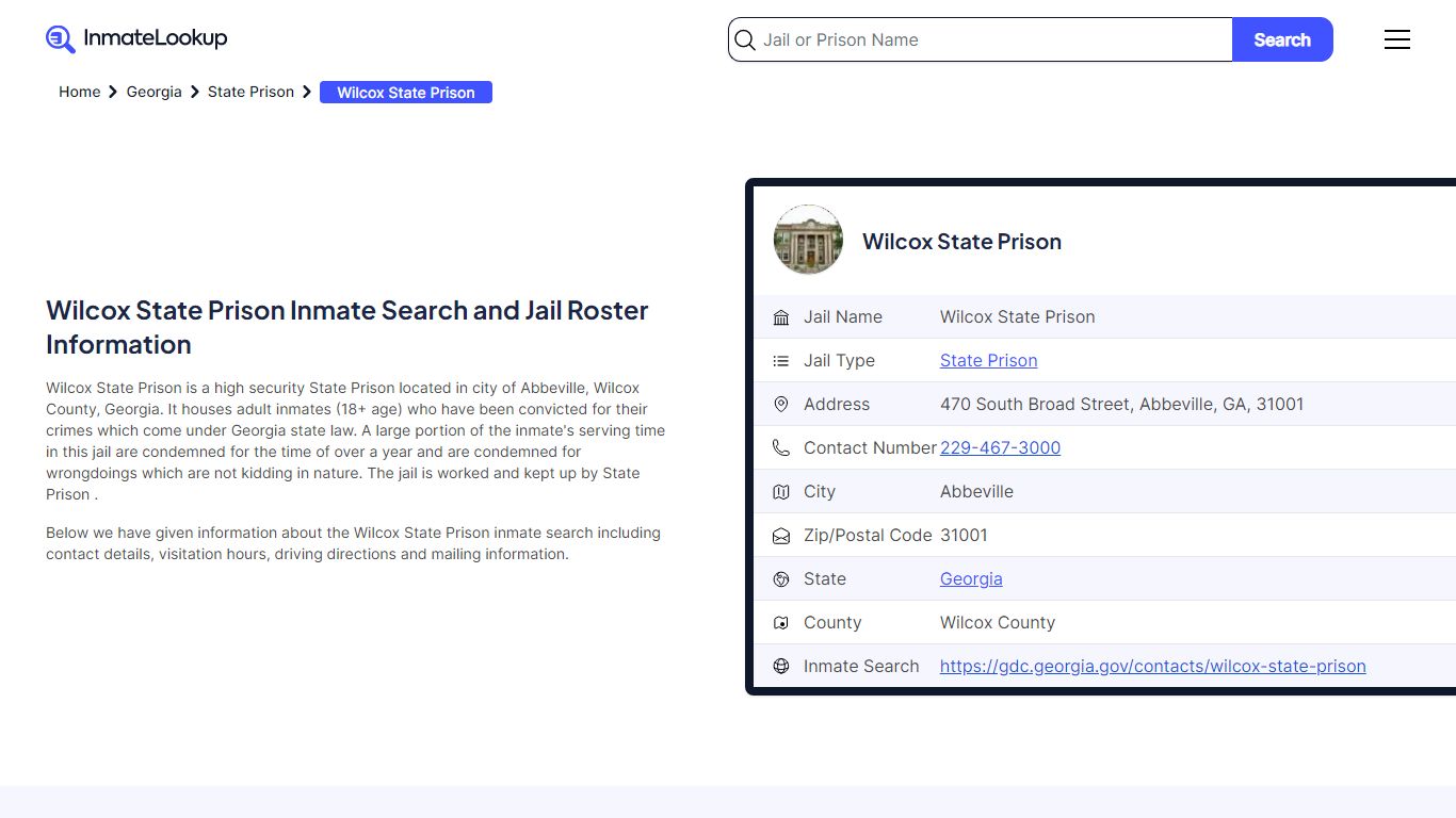 Wilcox State Prison Inmate Search and Jail Roster Information