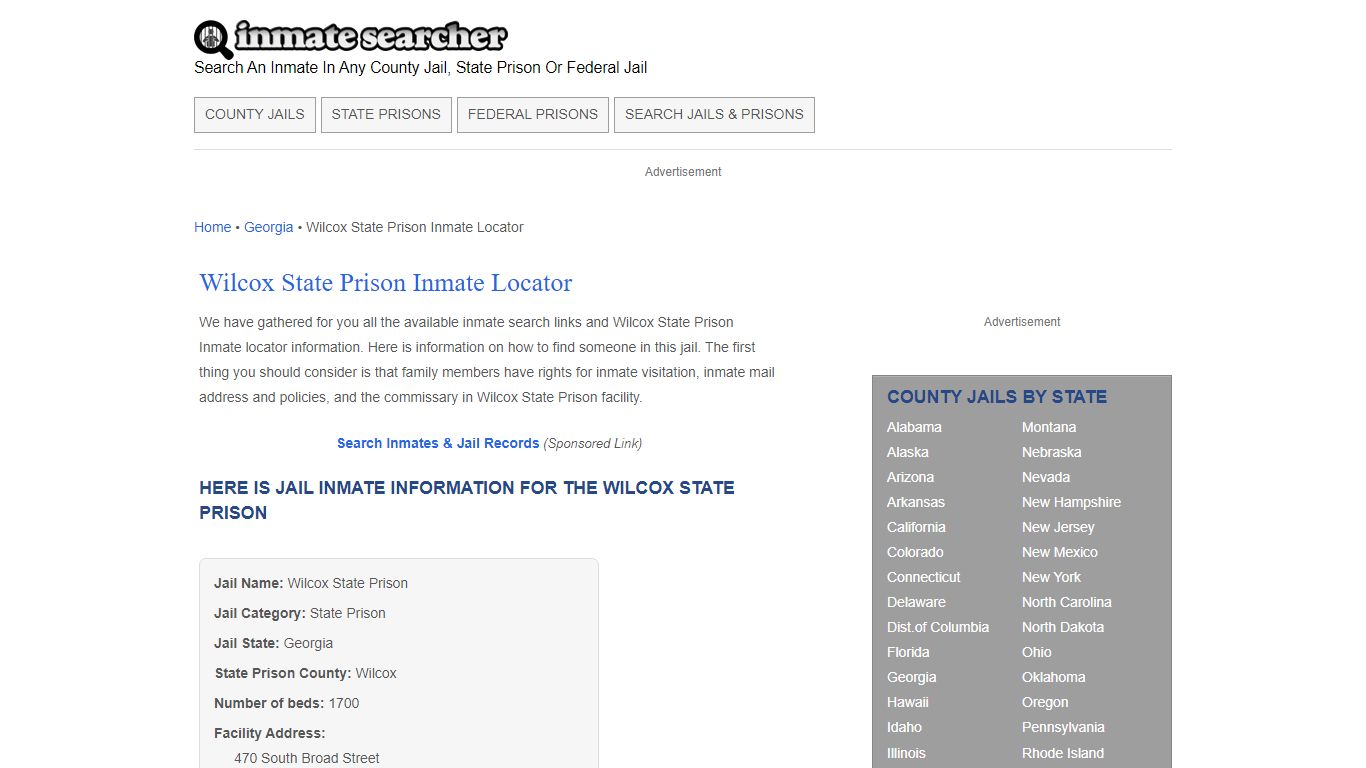 Wilcox State Prison Inmate Locator - Inmate Searcher